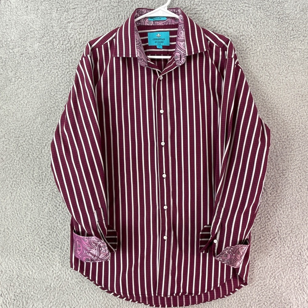 Christian Aujard Shirt Men L Button Burgundy Striped Excellent Paisley Accents